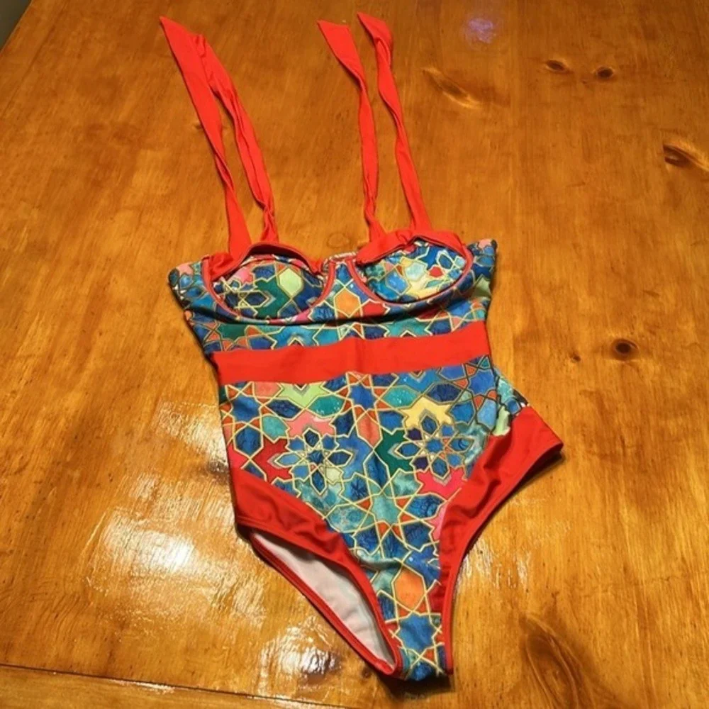 Boho Chic Geometric Mosaic Print Underwire One Piece Swimsuit and Wrap Skirt Set